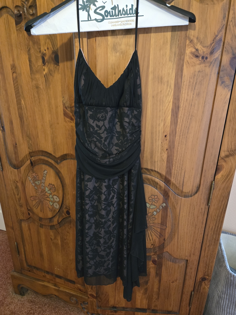 Black Lace-Overlay Slip with Draped Sash by